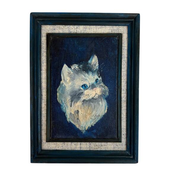 Vintage Original Oil Painting White Persian Cat Signed Art Blue Eyes Framed - Picture 1 of 9